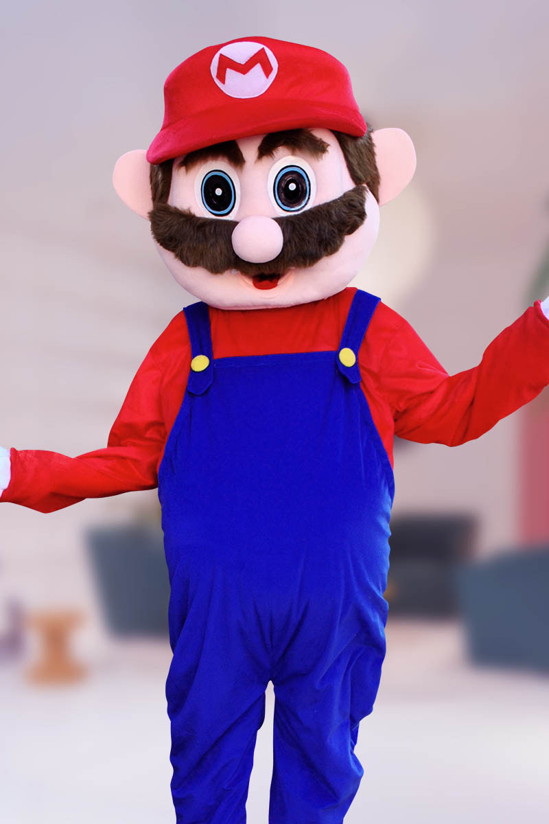 Mario mascot character posing at gaming birthday party in Houston
